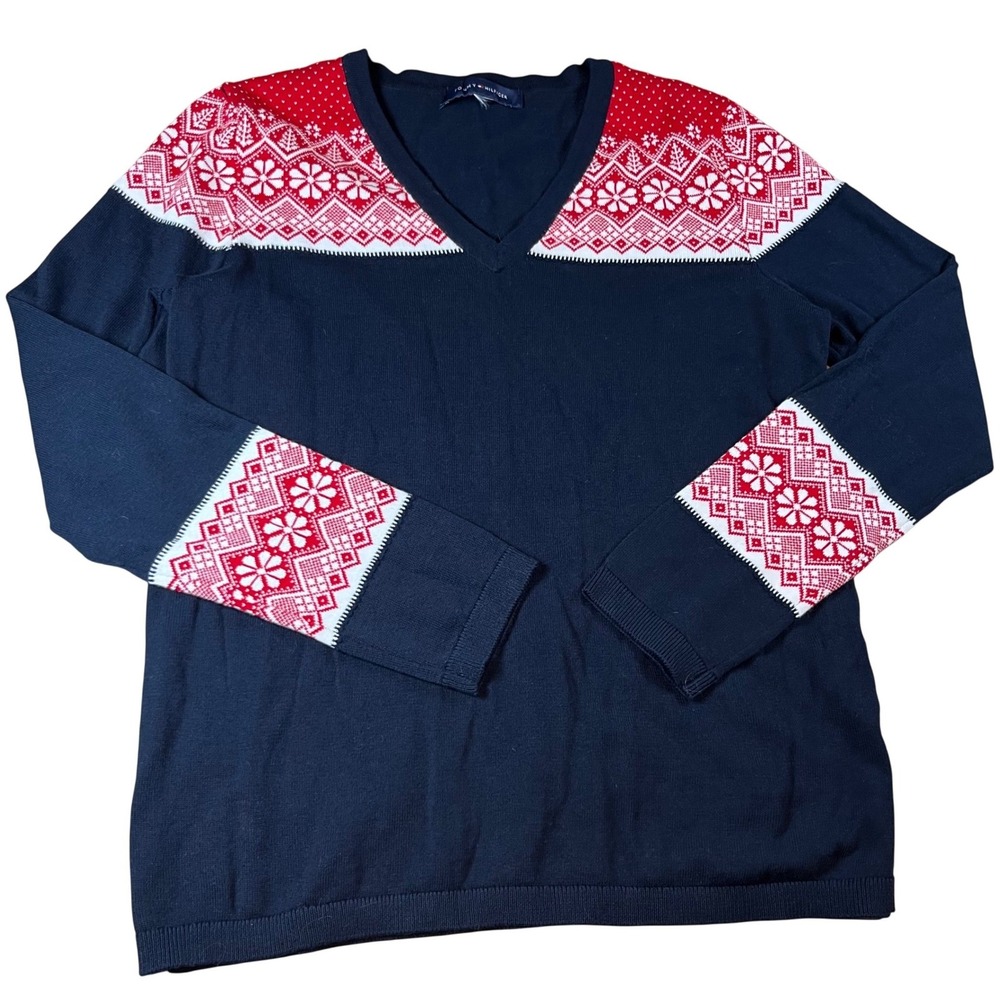 Tommy‎ Hilfiger Womens Small Navy Blue Fair Isle Cotton V-Neck Sweater Christmas